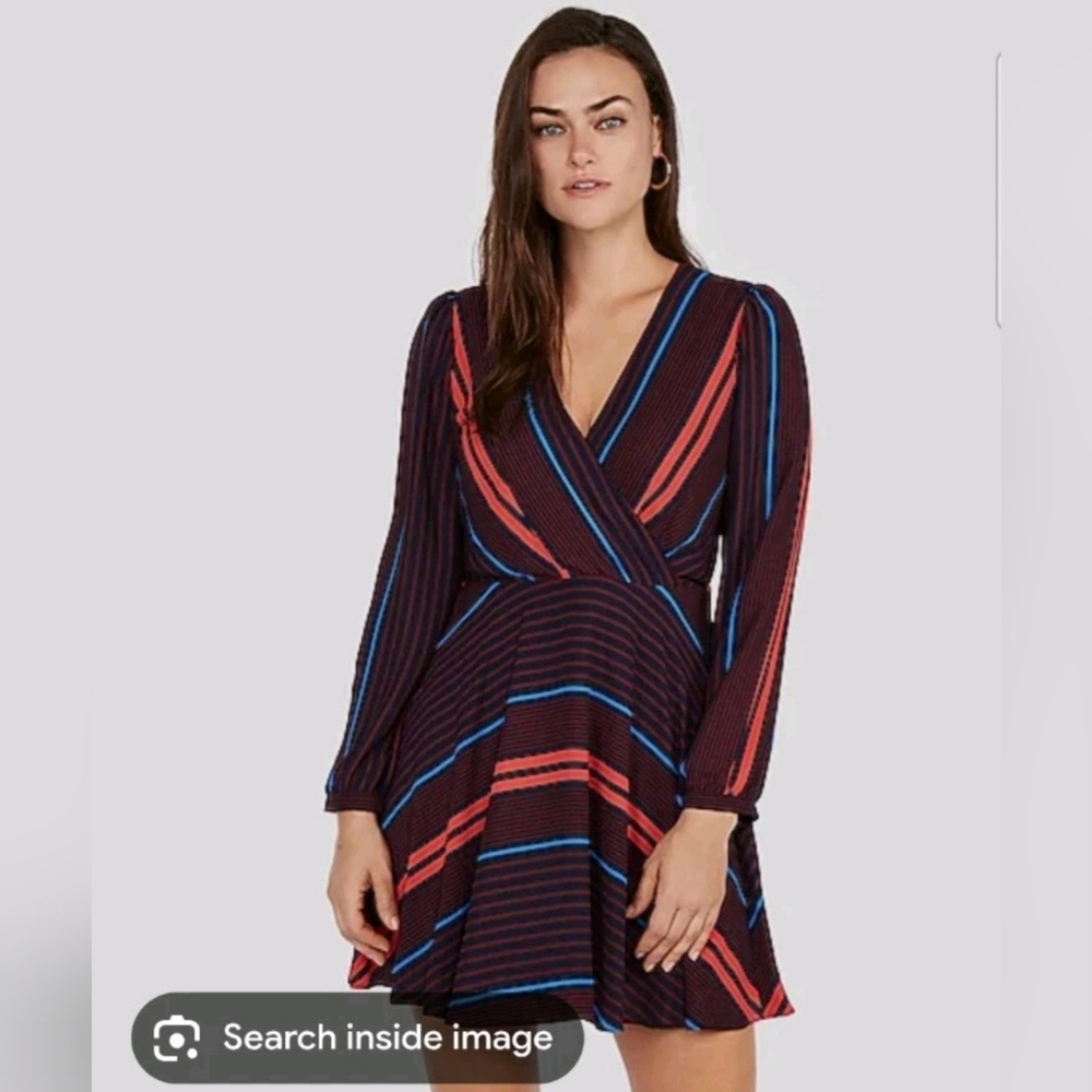 NWT Express Long Sleeve Striped‎ V-Neck Fit N Flare Dress  small Neo Nostalgia
